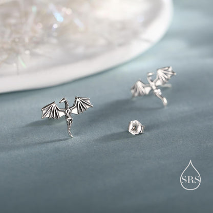 Dragon Skeleton Stud Earrings in Sterling Silver, Oxidised Finish Dragon Skeleton Earrings, Dainty and Tiny Earrings
