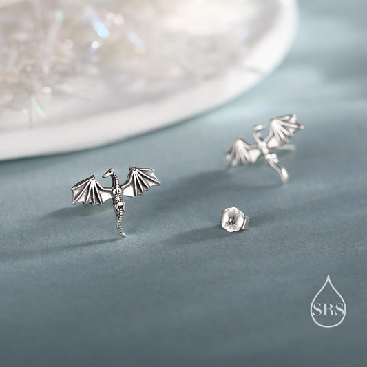 Dragon Skeleton Stud Earrings in Sterling Silver, Oxidised Finish Dragon Skeleton Earrings, Dainty and Tiny Earrings
