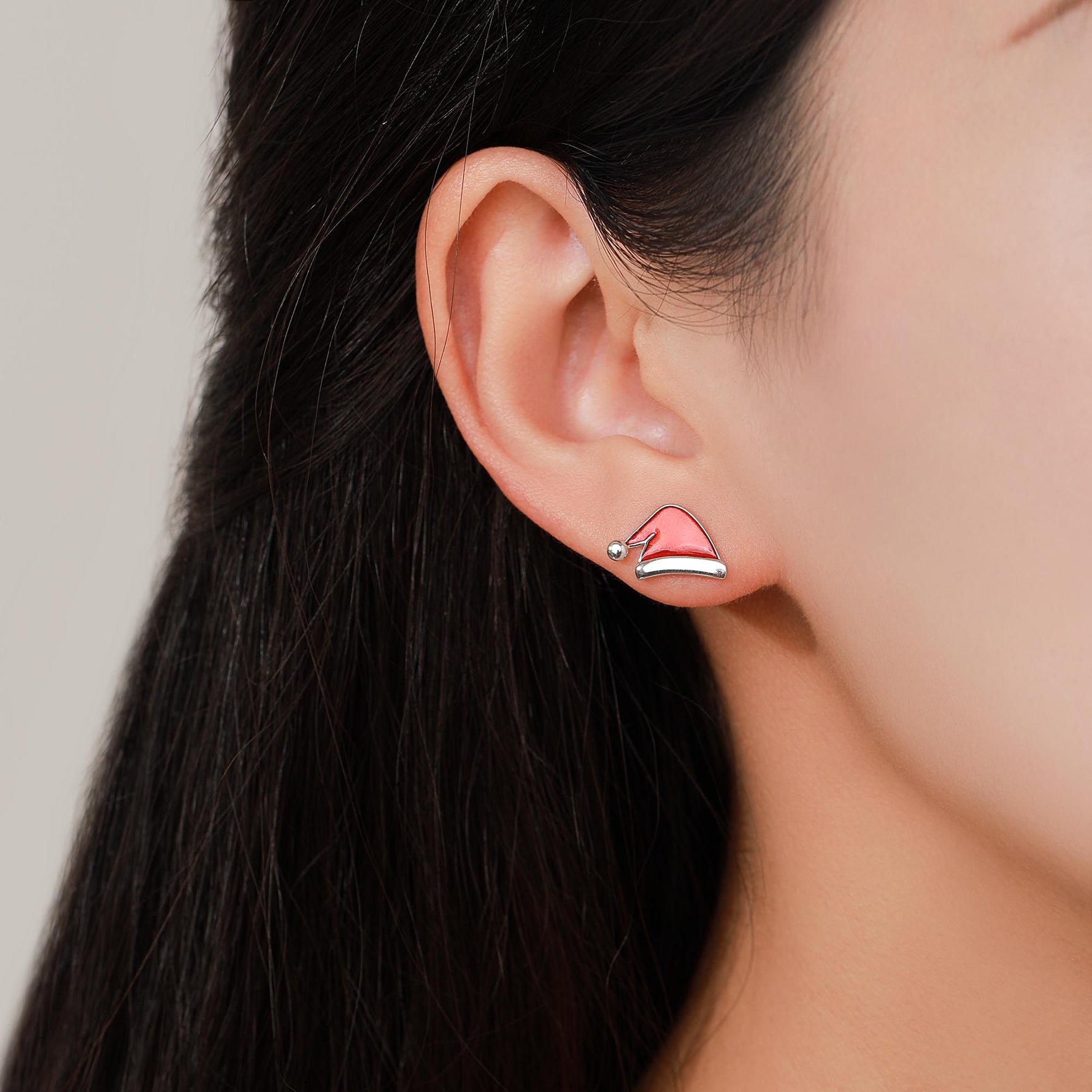 Mismatched Enamel Christmas Hat and Candy Cane Stud Earrings in Sterling Silver, Asymmetric Red Enamel Christmas Earrings, Christmas Gift