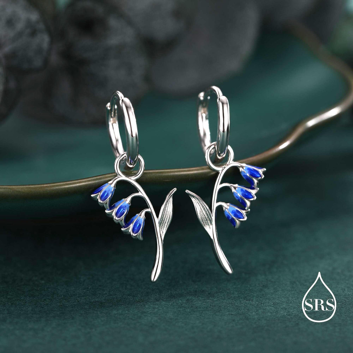 Sterling Silver Bluebell Flower Huggie Hoop Earrings with Enamel, Tiny Dainty Dangle Bluebell Flower Hoop Earrings, Detachable Charm Hoops