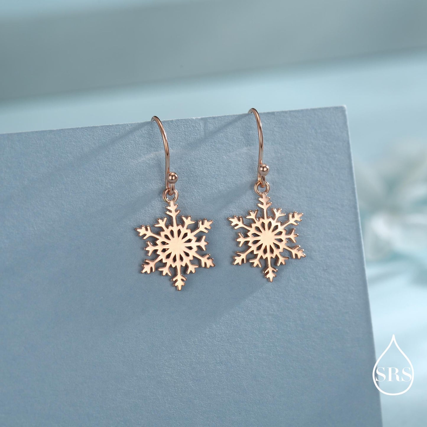 Snowflake Drop Hook Earrings in Sterling Silver, Silver, Gold or Rose Gold, Pretty Snowflake Earrings, Snow Earrings, Christmas Earrings