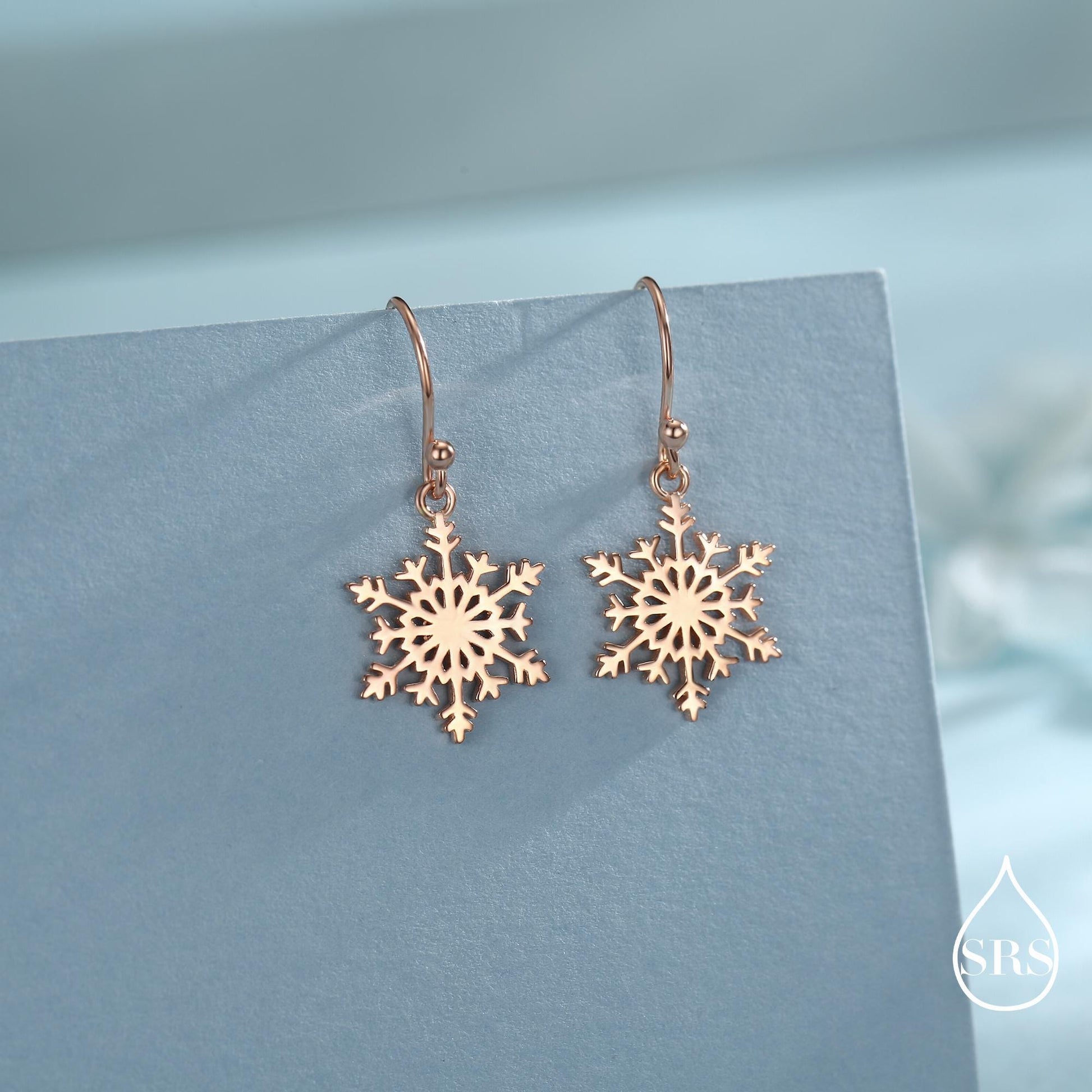 Snowflake Drop Hook Earrings in Sterling Silver, Silver, Gold or Rose Gold, Pretty Snowflake Earrings, Snow Earrings, Christmas Earrings