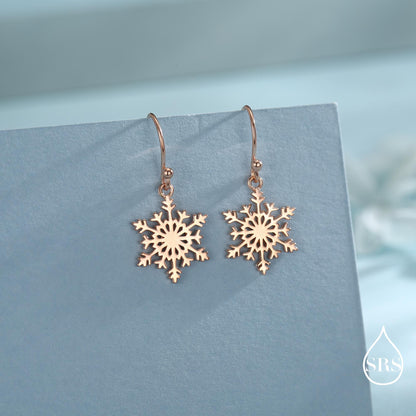 Snowflake Drop Hook Earrings in Sterling Silver, Silver, Gold or Rose Gold, Pretty Snowflake Earrings, Snow Earrings, Christmas Earrings