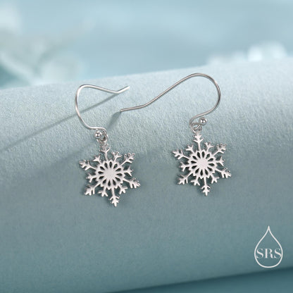 Snowflake Drop Hook Earrings in Sterling Silver, Silver, Gold or Rose Gold, Pretty Snowflake Earrings, Snow Earrings, Christmas Earrings