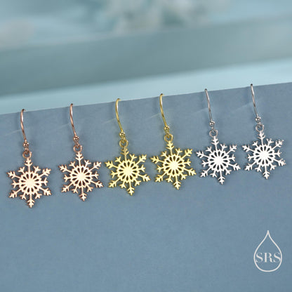 Snowflake Drop Hook Earrings in Sterling Silver, Silver, Gold or Rose Gold, Pretty Snowflake Earrings, Snow Earrings, Christmas Earrings