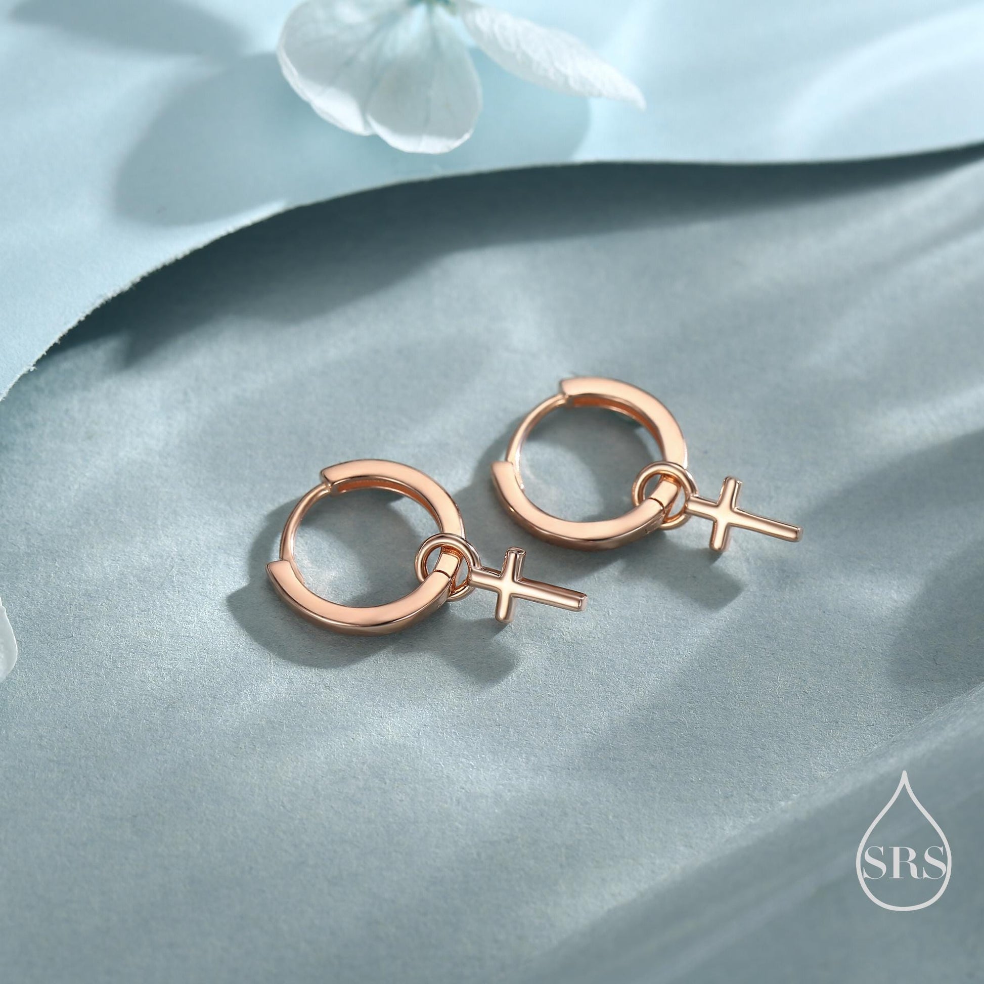 Sterling Silver Cross Hoop Earrings, 8mm or 10mm, Detachable Charm Hoop Earrings, Cross Earrings, Silver or Gold, Interchangeable