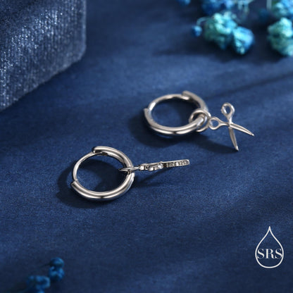 Tiny Scissors Huggie Hoops Earrings in Sterling Silver, Silver or Gold or Rose Gold Finish, Scissors Earrings, Detachable Charms