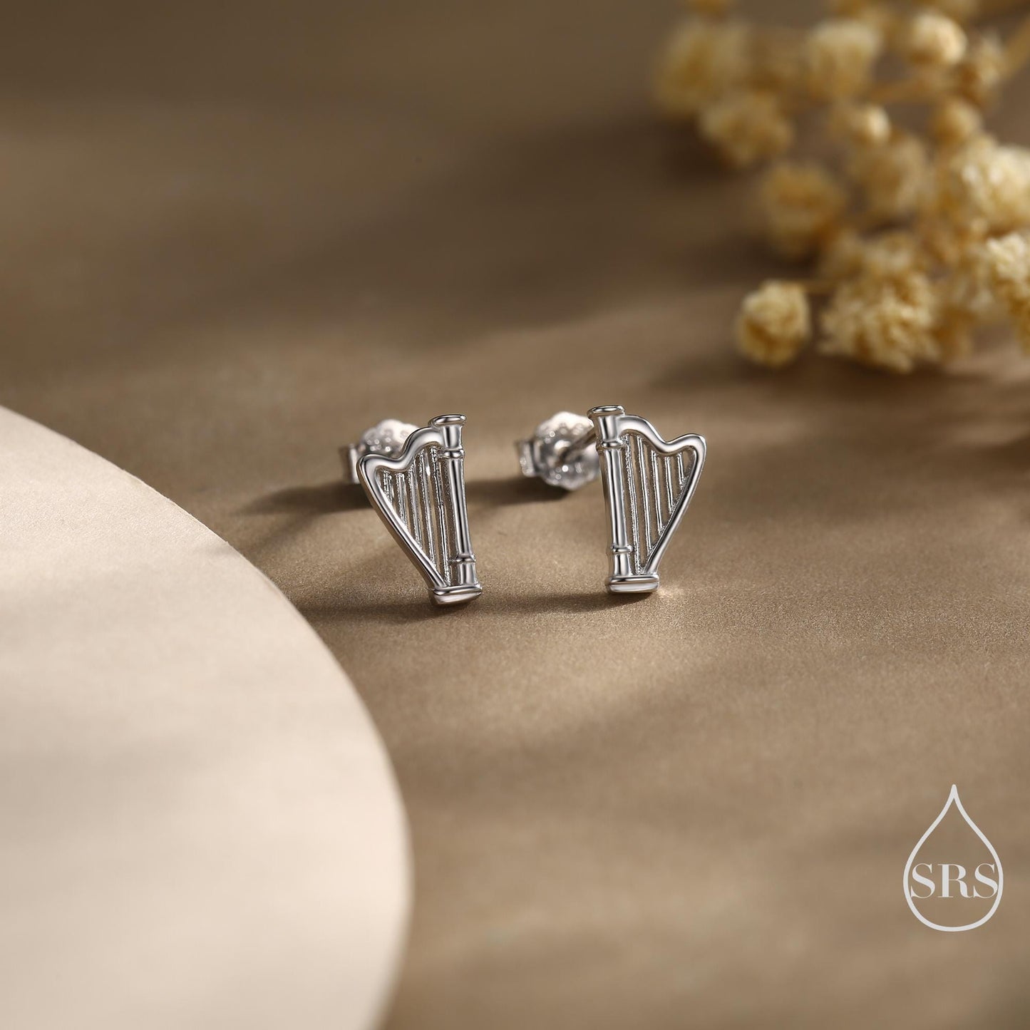 Harp Stud Earrings in Sterling Silver, Silver, or Gold or Rose Gold, Silver Harp Stud Earrings, Fun Musical Instrument Earrings