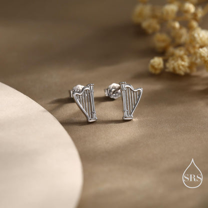 Harp Stud Earrings in Sterling Silver, Silver, or Gold or Rose Gold, Silver Harp Stud Earrings, Fun Musical Instrument Earrings