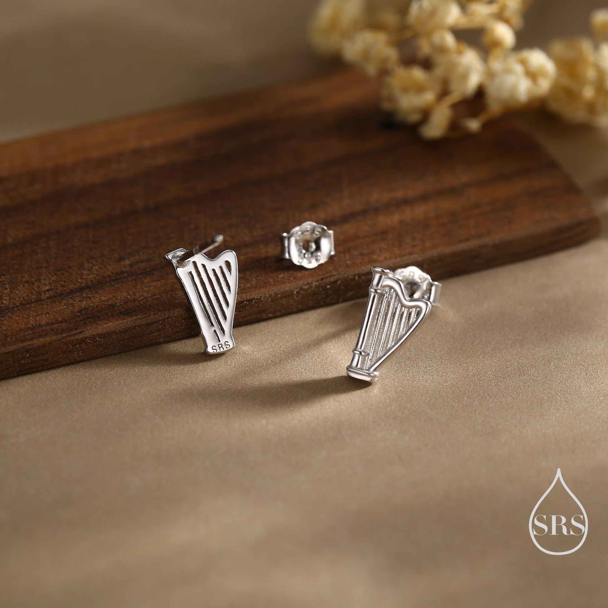 Harp Stud Earrings in Sterling Silver, Silver, or Gold or Rose Gold, Silver Harp Stud Earrings, Fun Musical Instrument Earrings