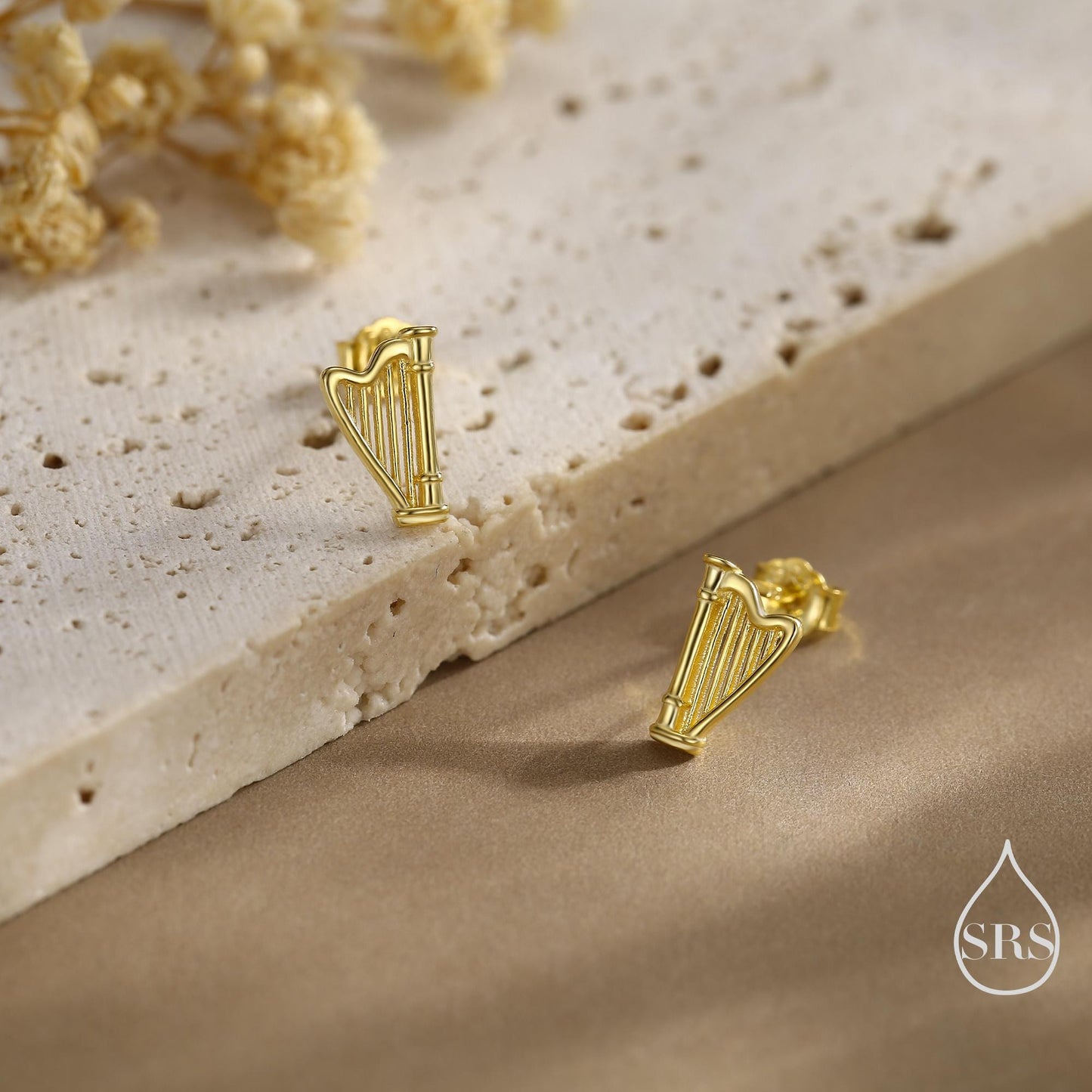 Harp Stud Earrings in Sterling Silver, Silver, or Gold or Rose Gold, Silver Harp Stud Earrings, Fun Musical Instrument Earrings