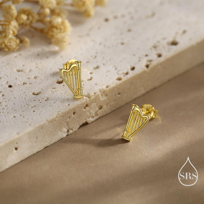 Harp Stud Earrings in Sterling Silver, Silver, or Gold or Rose Gold, Silver Harp Stud Earrings, Fun Musical Instrument Earrings