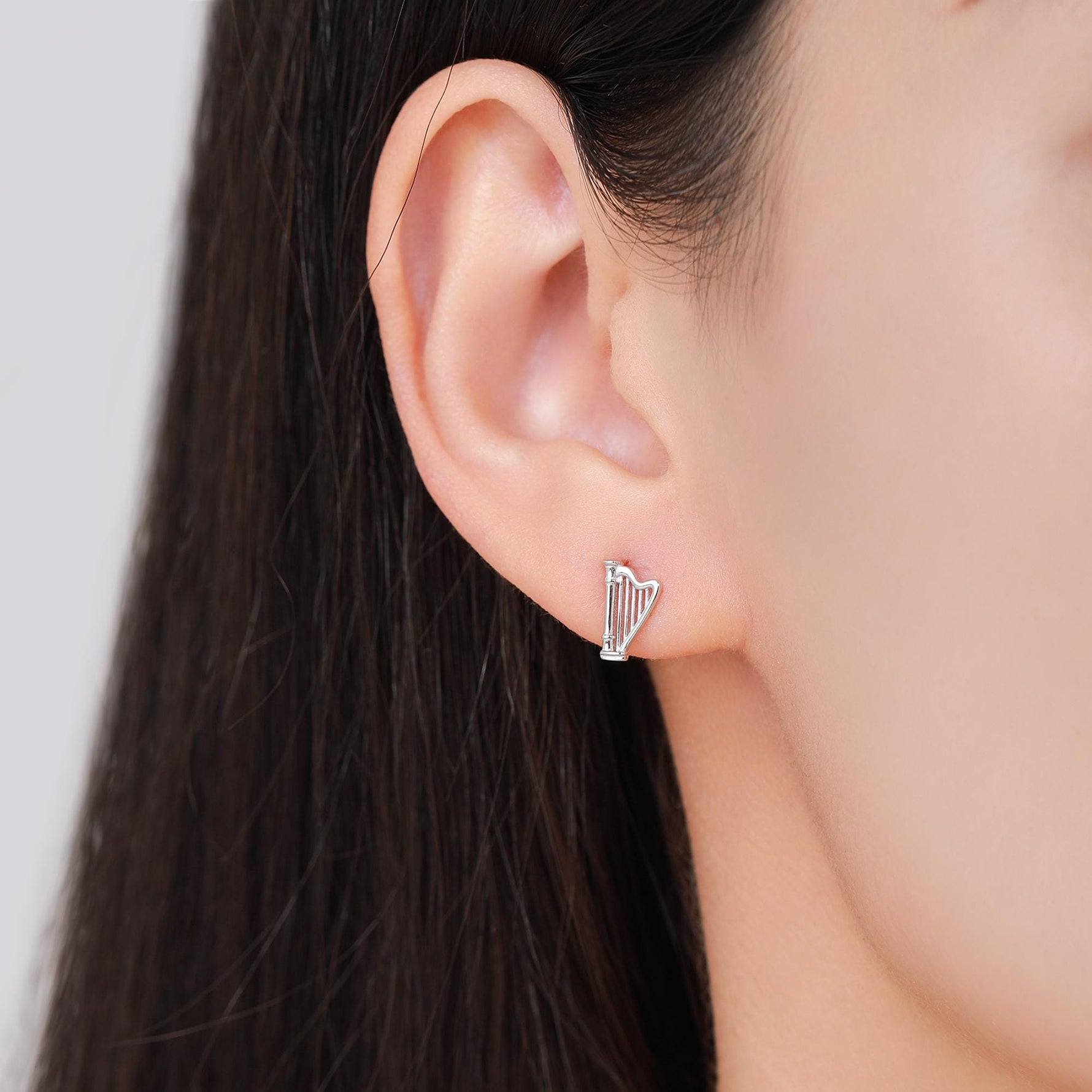 Harp Stud Earrings in Sterling Silver, Silver, or Gold or Rose Gold, Silver Harp Stud Earrings, Fun Musical Instrument Earrings