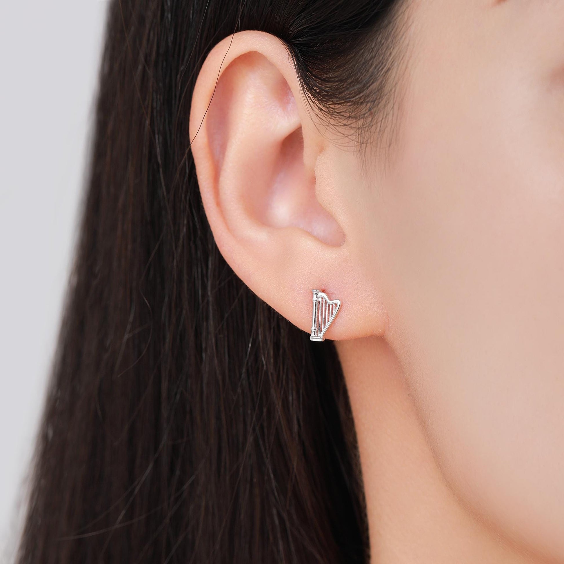 Harp Stud Earrings in Sterling Silver, Silver, or Gold or Rose Gold, Silver Harp Stud Earrings, Fun Musical Instrument Earrings