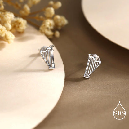 Harp Stud Earrings in Sterling Silver, Silver, or Gold or Rose Gold, Silver Harp Stud Earrings, Fun Musical Instrument Earrings