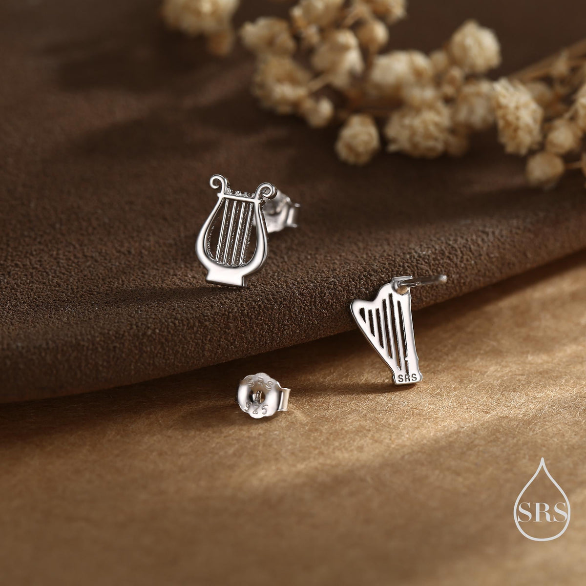 Mismatched Harp and Lyre Stud Earrings in Sterling Silver, Silver, Gold or Rose Gold, Silver Harp Stud Earrings, Musical Instrument Earrings