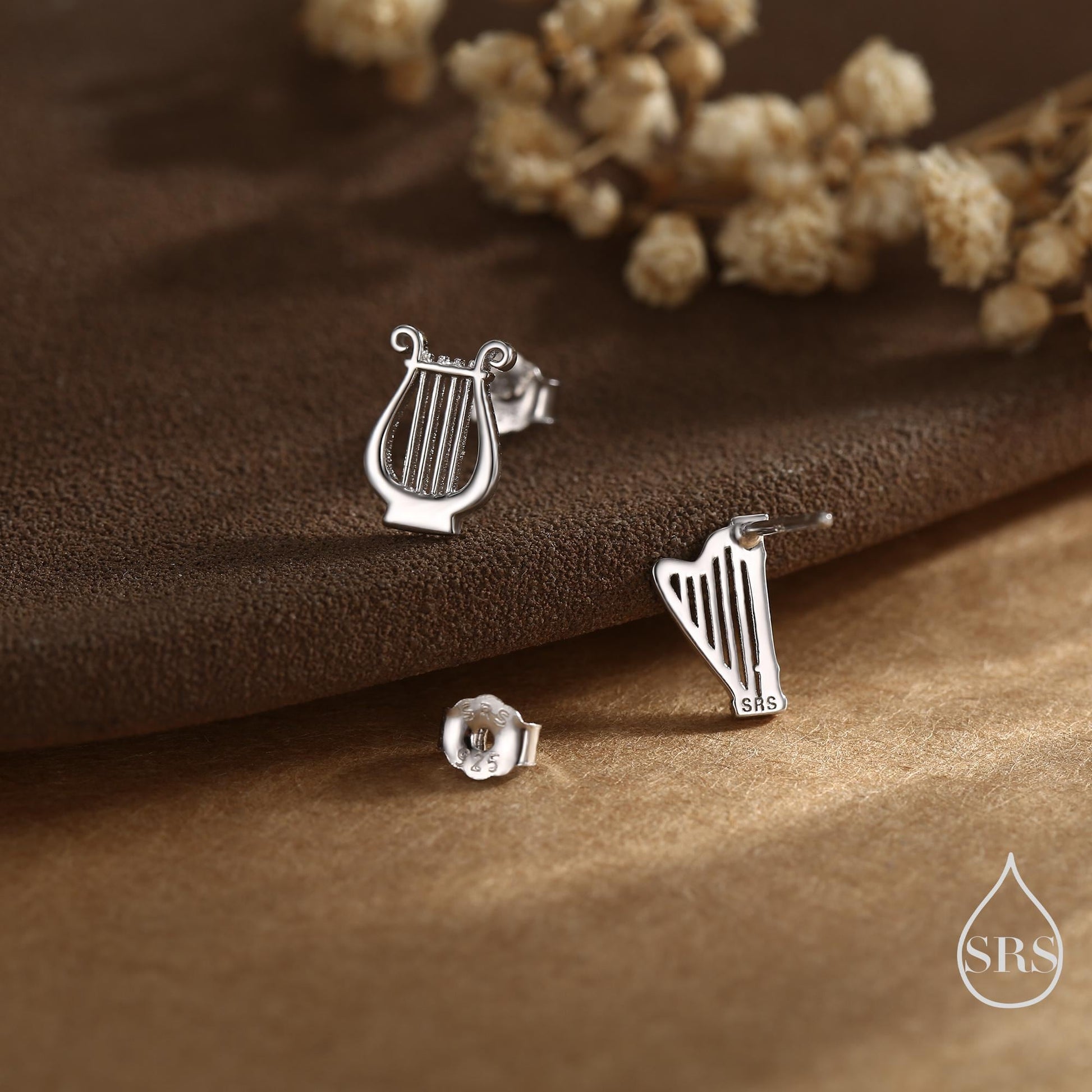 Mismatched Harp and Lyre Stud Earrings in Sterling Silver, Silver, Gold or Rose Gold, Silver Harp Stud Earrings, Musical Instrument Earrings
