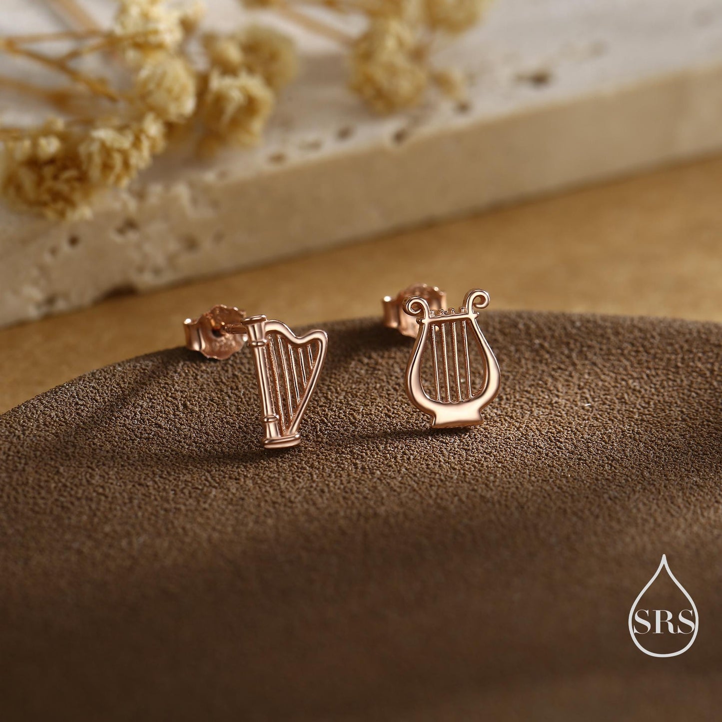 Mismatched Harp and Lyre Stud Earrings in Sterling Silver, Silver, Gold or Rose Gold, Silver Harp Stud Earrings, Musical Instrument Earrings