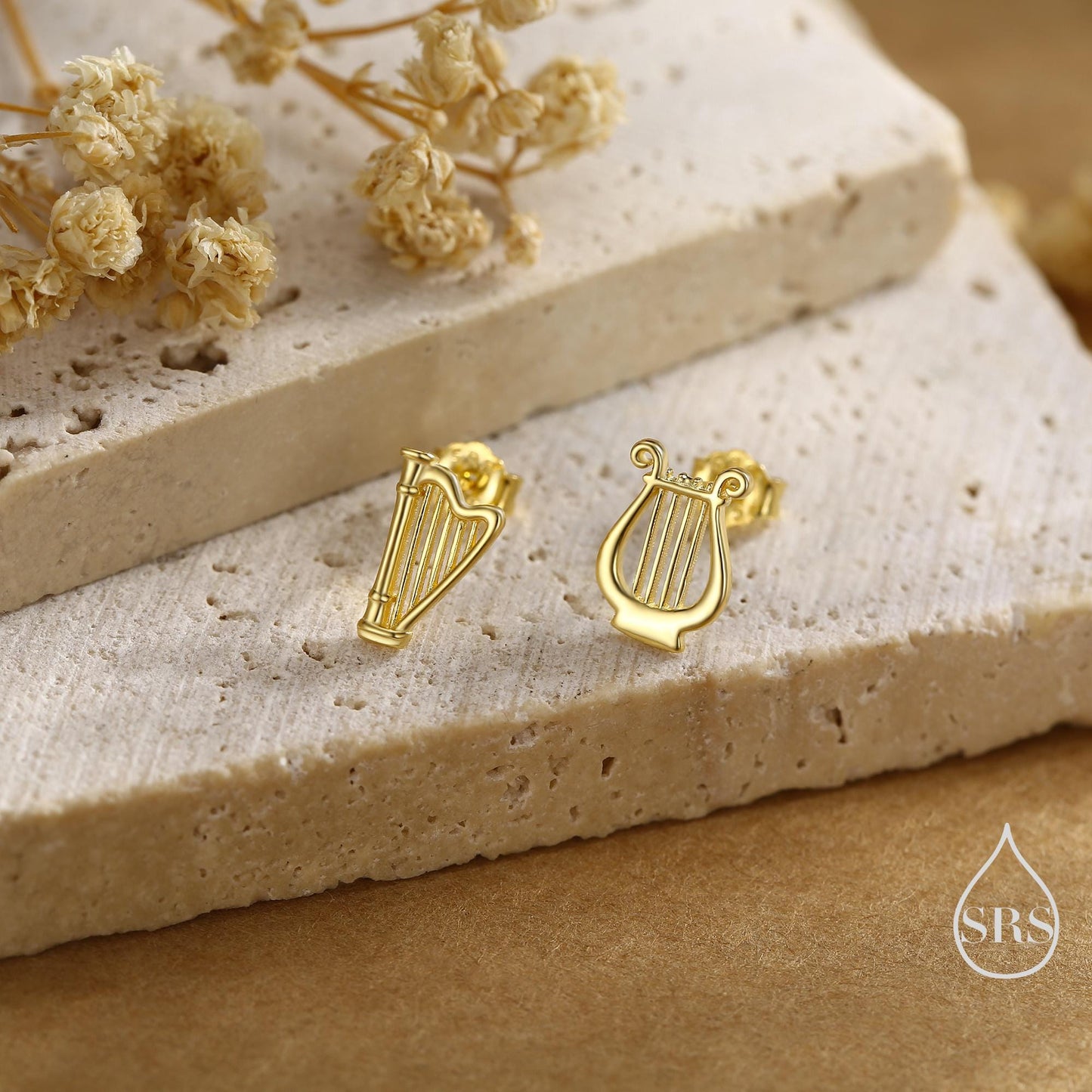 Mismatched Harp and Lyre Stud Earrings in Sterling Silver, Silver, Gold or Rose Gold, Silver Harp Stud Earrings, Musical Instrument Earrings