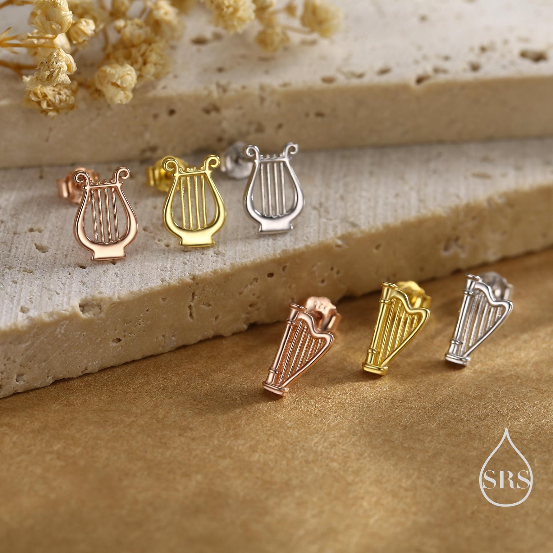 Mismatched Harp and Lyre Stud Earrings in Sterling Silver, Silver, Gold or Rose Gold, Silver Harp Stud Earrings, Musical Instrument Earrings