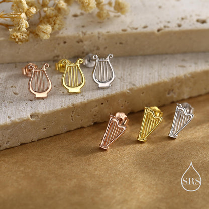 Mismatched Harp and Lyre Stud Earrings in Sterling Silver, Silver, Gold or Rose Gold, Silver Harp Stud Earrings, Musical Instrument Earrings