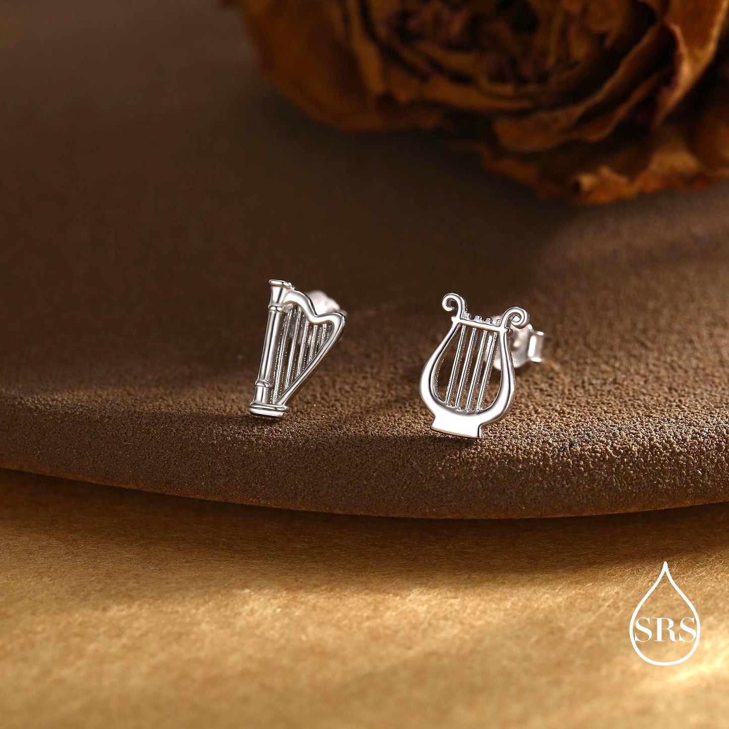 Mismatched Harp and Lyre Stud Earrings in Sterling Silver, Silver, Gold or Rose Gold, Silver Harp Stud Earrings, Musical Instrument Earrings