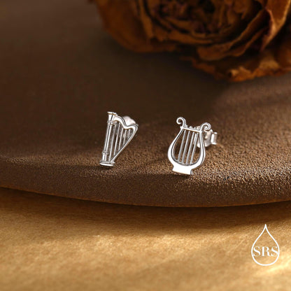 Mismatched Harp and Lyre Stud Earrings in Sterling Silver, Silver, Gold or Rose Gold, Silver Harp Stud Earrings, Musical Instrument Earrings
