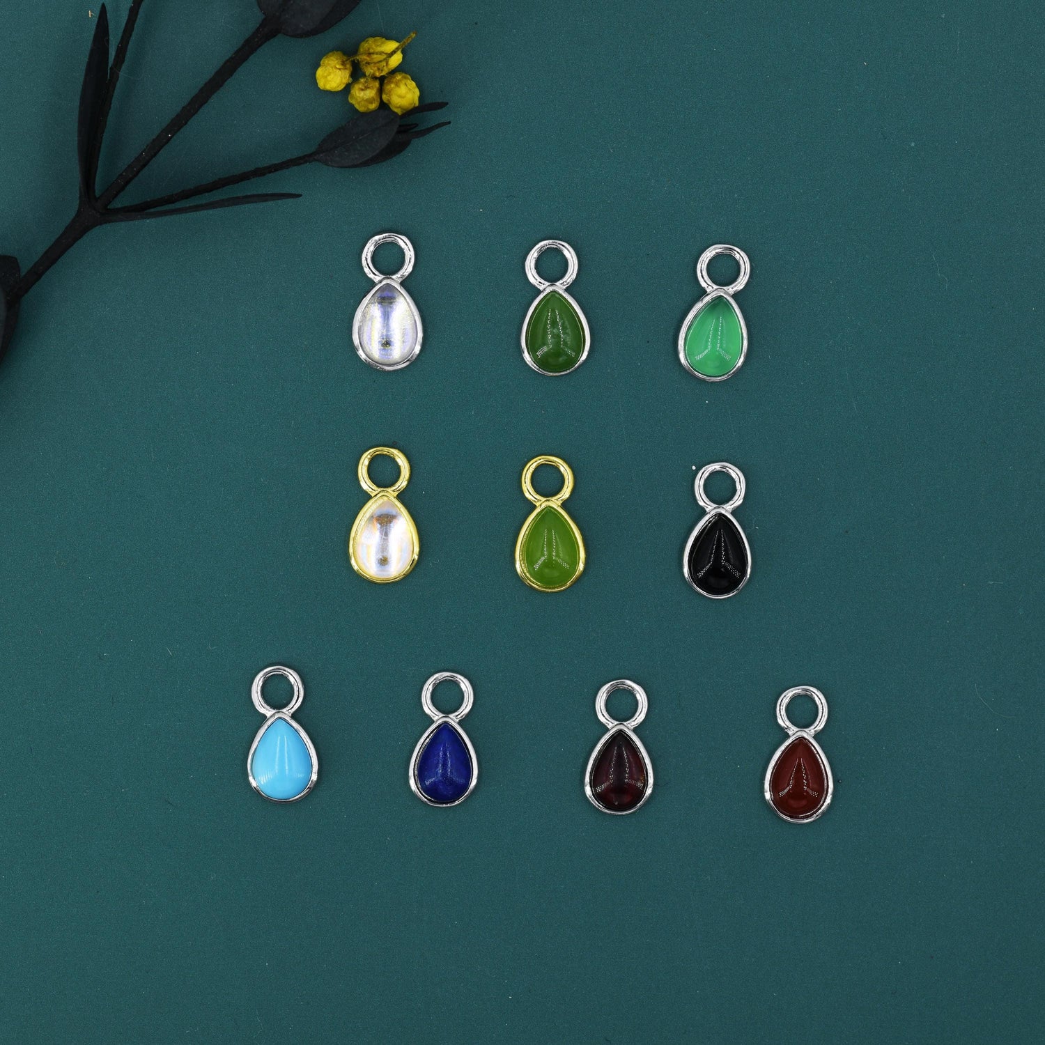 Charms for Huggie Hoops, Sterling Silver Droplet Charms for Earrings, Detachable, Silver or Gold, Customizable with Various Stone Options