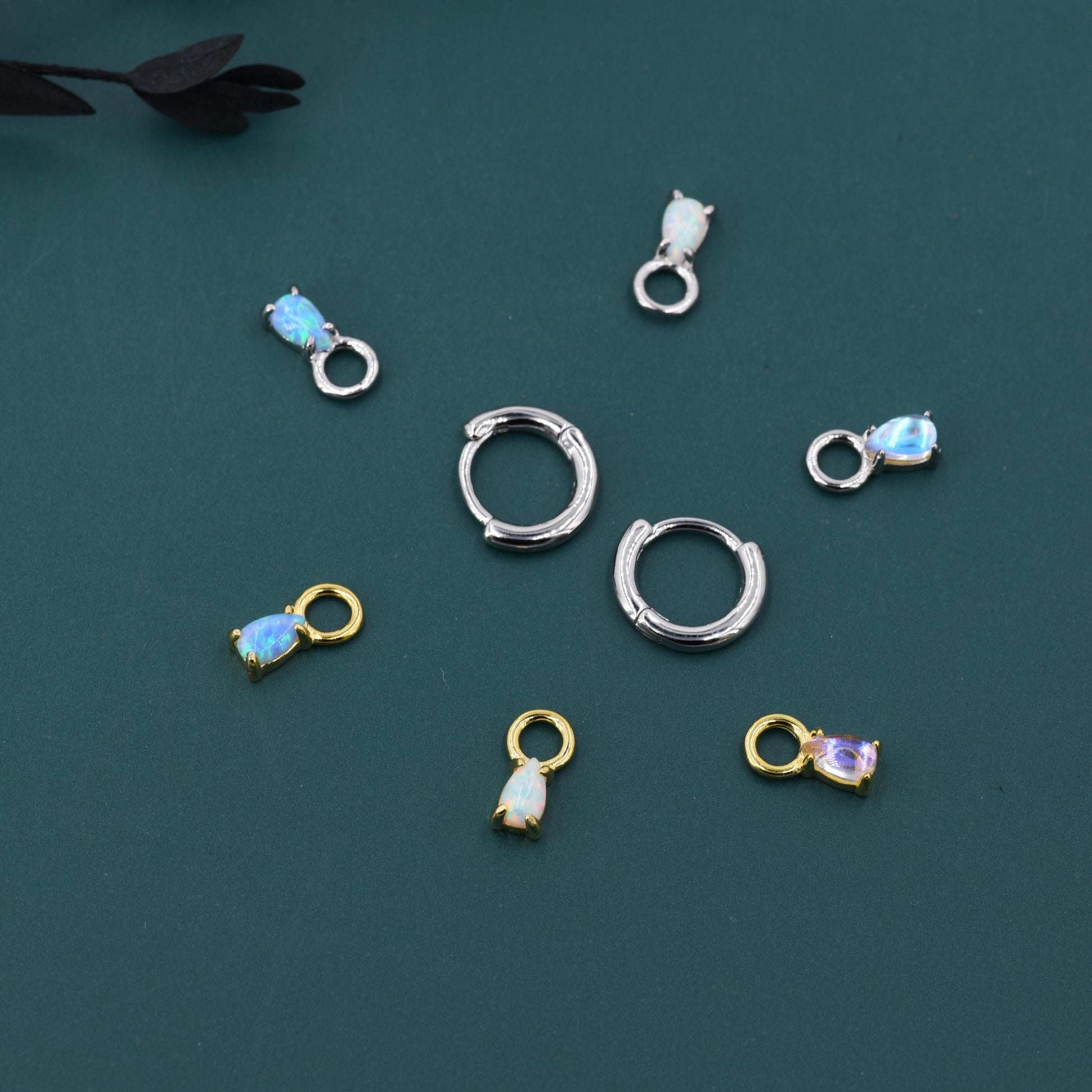 White Opal/Blue Opal/Moonstone Charms for Huggie Hoops, Sterling Silver Droplet Charms, Prong Set, Detachable, Silver, Gold, or Rose Gold