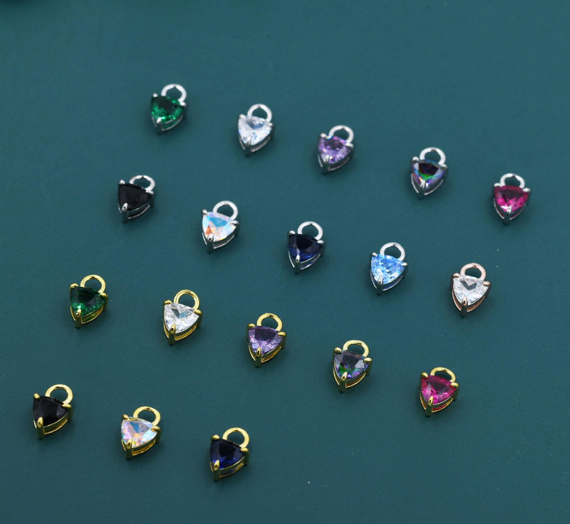 Sterling Silver Trillion Cut CZ Charms for Huggie Hoops Earrings, Detachable, Silver, Gold, or Rose Gold, Various Stone Options