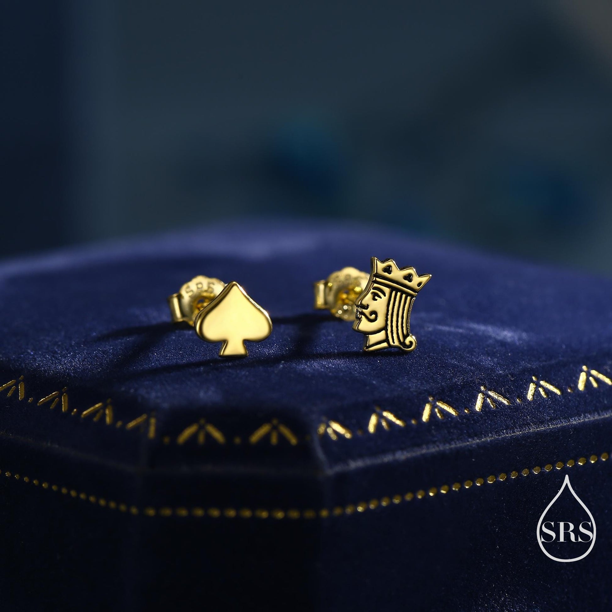 Mismatched Card Suit Spade with King Stud Earrings in Sterling Silver, Spade Earrings, Gold or Rose Gold, Asymmetric Earrings