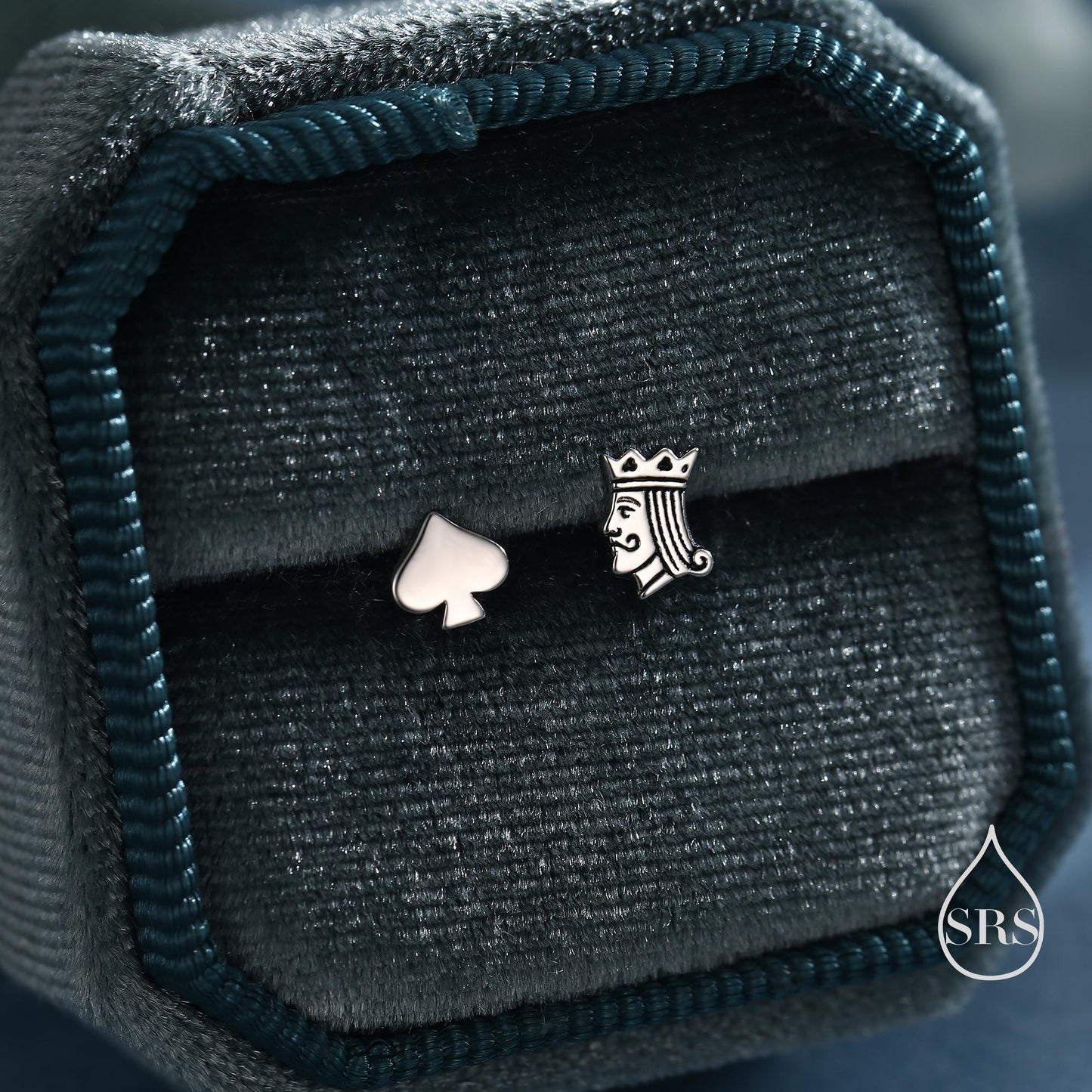 Mismatched Card Suit Spade with King Stud Earrings in Sterling Silver, Spade Earrings, Gold or Rose Gold, Asymmetric Earrings