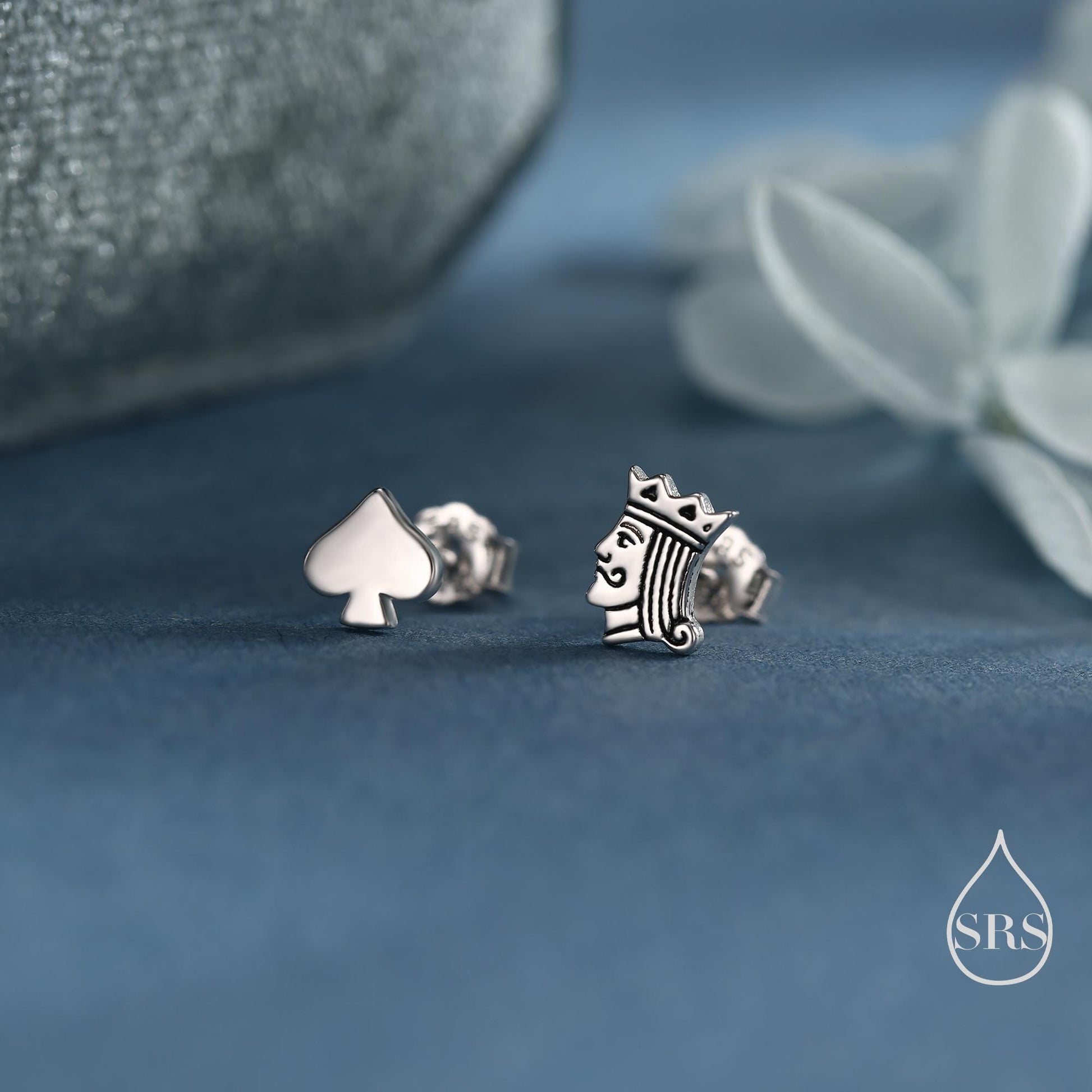 Mismatched Card Suit Spade with King Stud Earrings in Sterling Silver, Spade Earrings, Gold or Rose Gold, Asymmetric Earrings