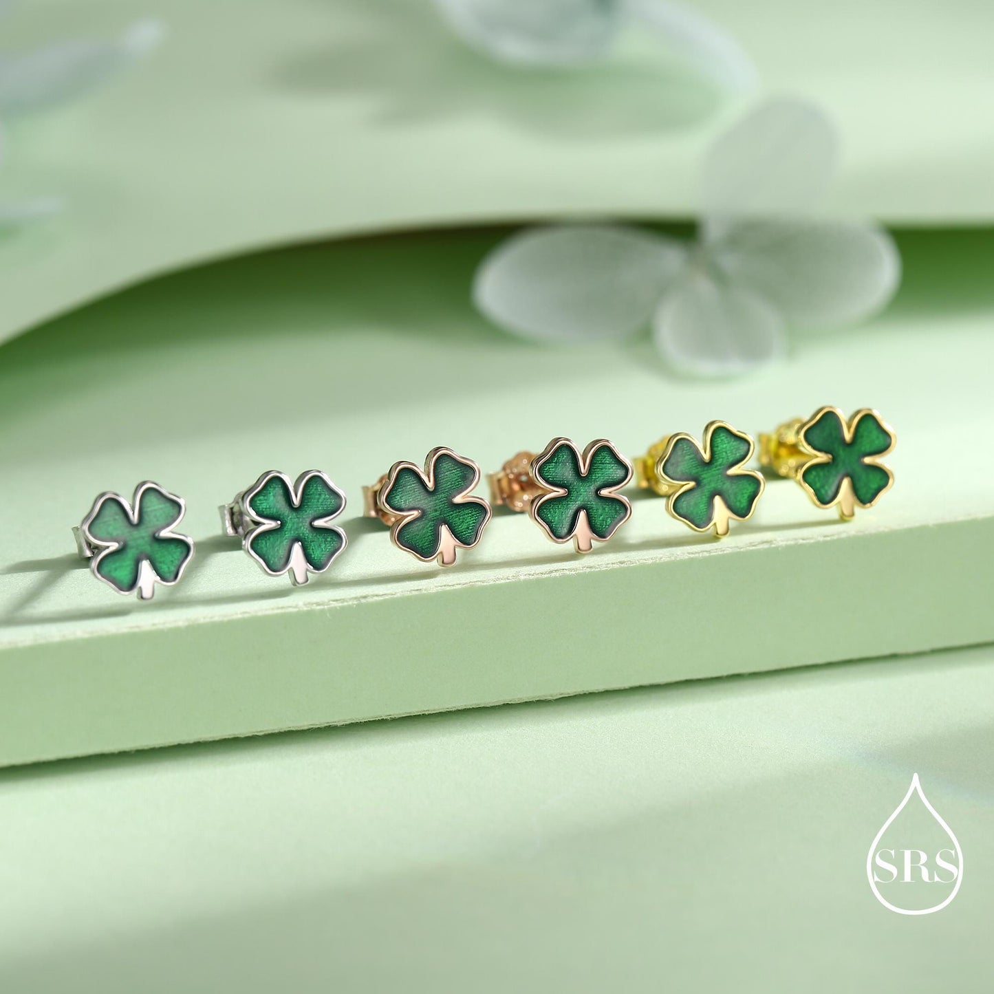 Four Leaf Clover Enamel Stud Earrings in Sterling Silver, Silver or Gold or Rose Gold, Flower Earrings, Shamrock Clover Earrings