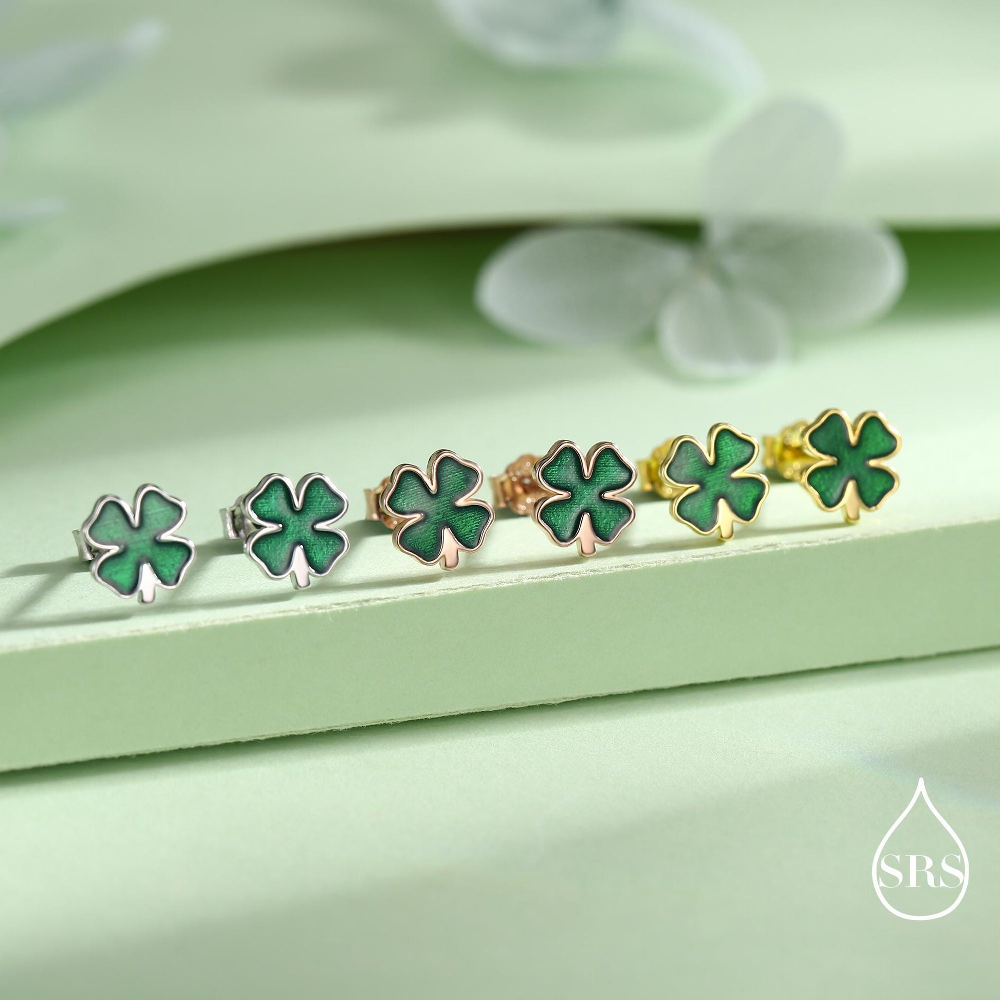 Four Leaf Clover Enamel Stud Earrings in Sterling Silver, Silver or Gold or Rose Gold, Flower Earrings, Shamrock Clover Earrings