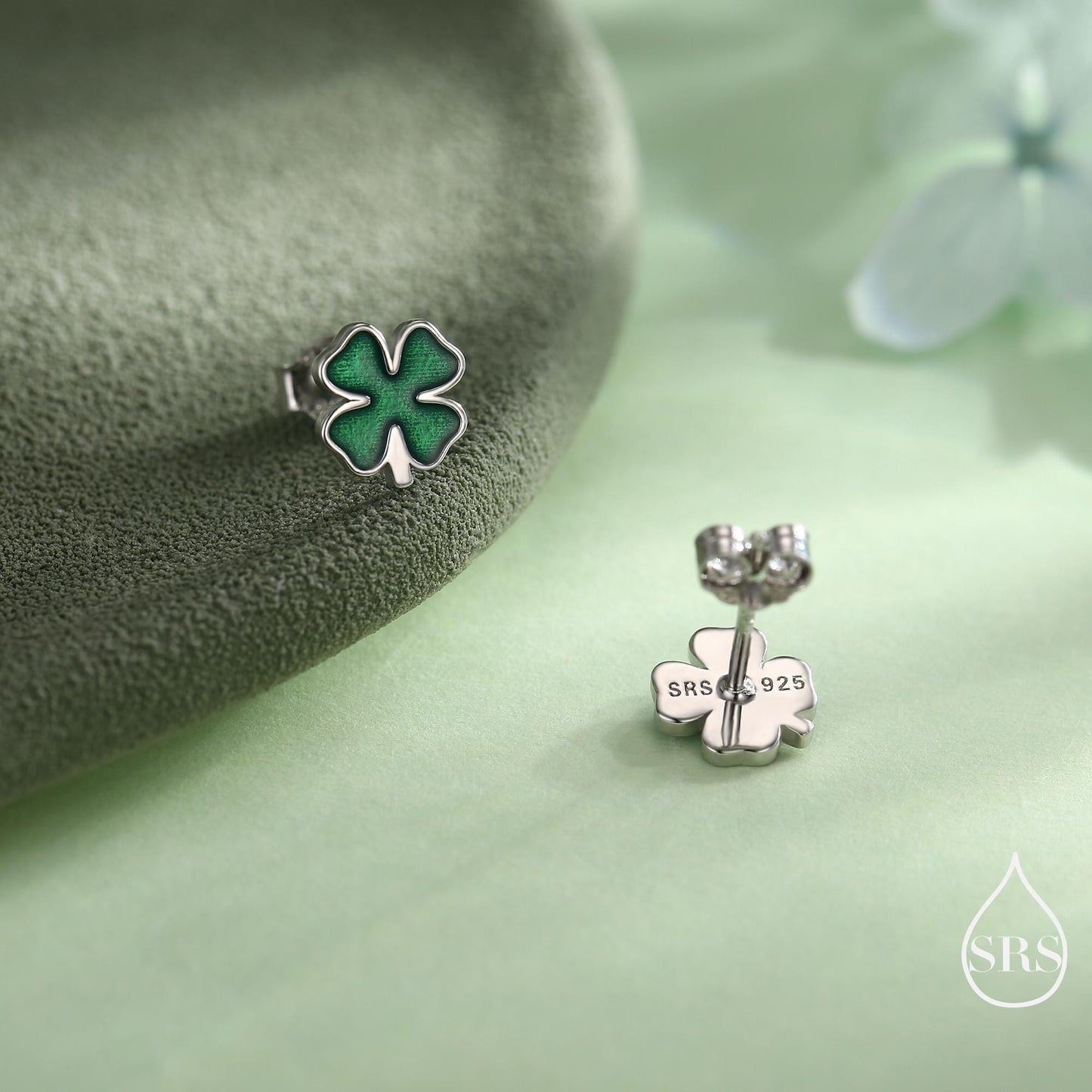 Four Leaf Clover Enamel Stud Earrings in Sterling Silver, Silver or Gold or Rose Gold, Flower Earrings, Shamrock Clover Earrings
