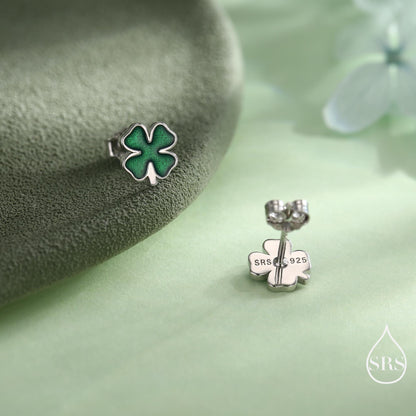 Four Leaf Clover Enamel Stud Earrings in Sterling Silver, Silver or Gold or Rose Gold, Flower Earrings, Shamrock Clover Earrings