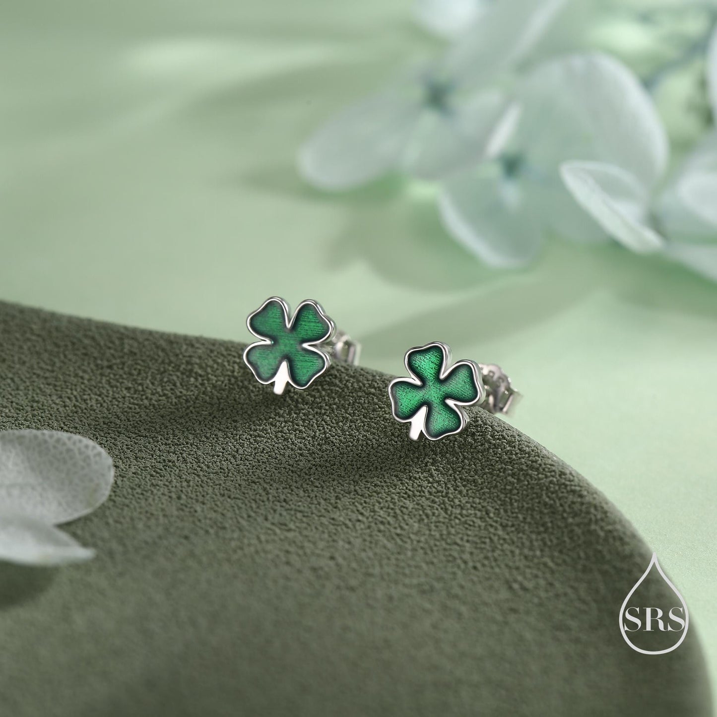 Four Leaf Clover Enamel Stud Earrings in Sterling Silver, Silver or Gold or Rose Gold, Flower Earrings, Shamrock Clover Earrings