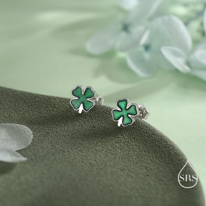 Four Leaf Clover Enamel Stud Earrings in Sterling Silver, Silver or Gold or Rose Gold, Flower Earrings, Shamrock Clover Earrings