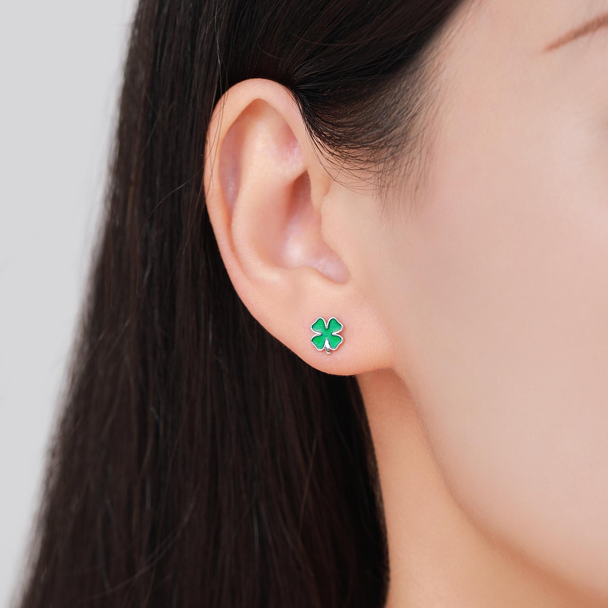 Four Leaf Clover Enamel Stud Earrings in Sterling Silver, Silver or Gold or Rose Gold, Flower Earrings, Shamrock Clover Earrings