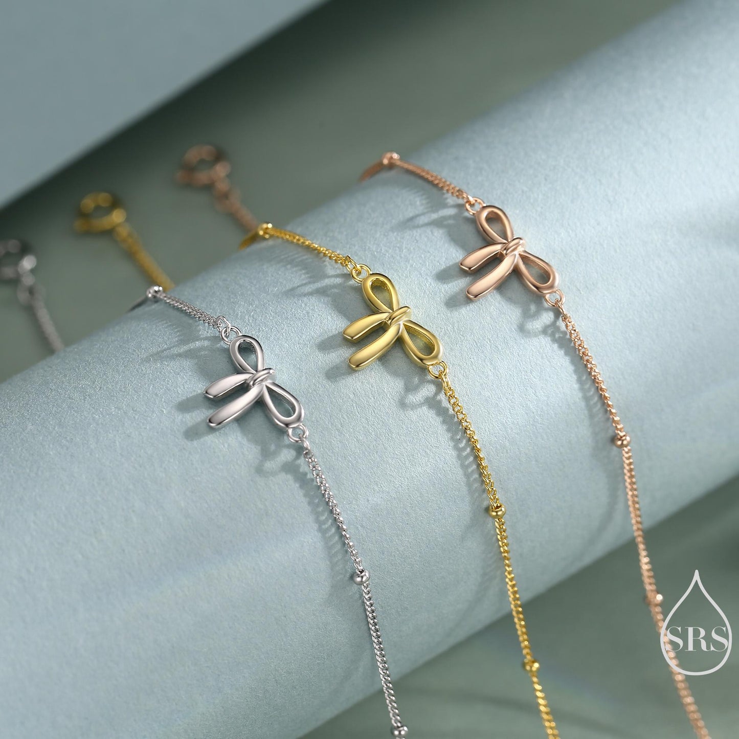 Ribbon Bow Bracelet in Sterling Silver, Silver or Gold or Rose gold, Satellite Bracelet, Solid Silver Bow Bracelet