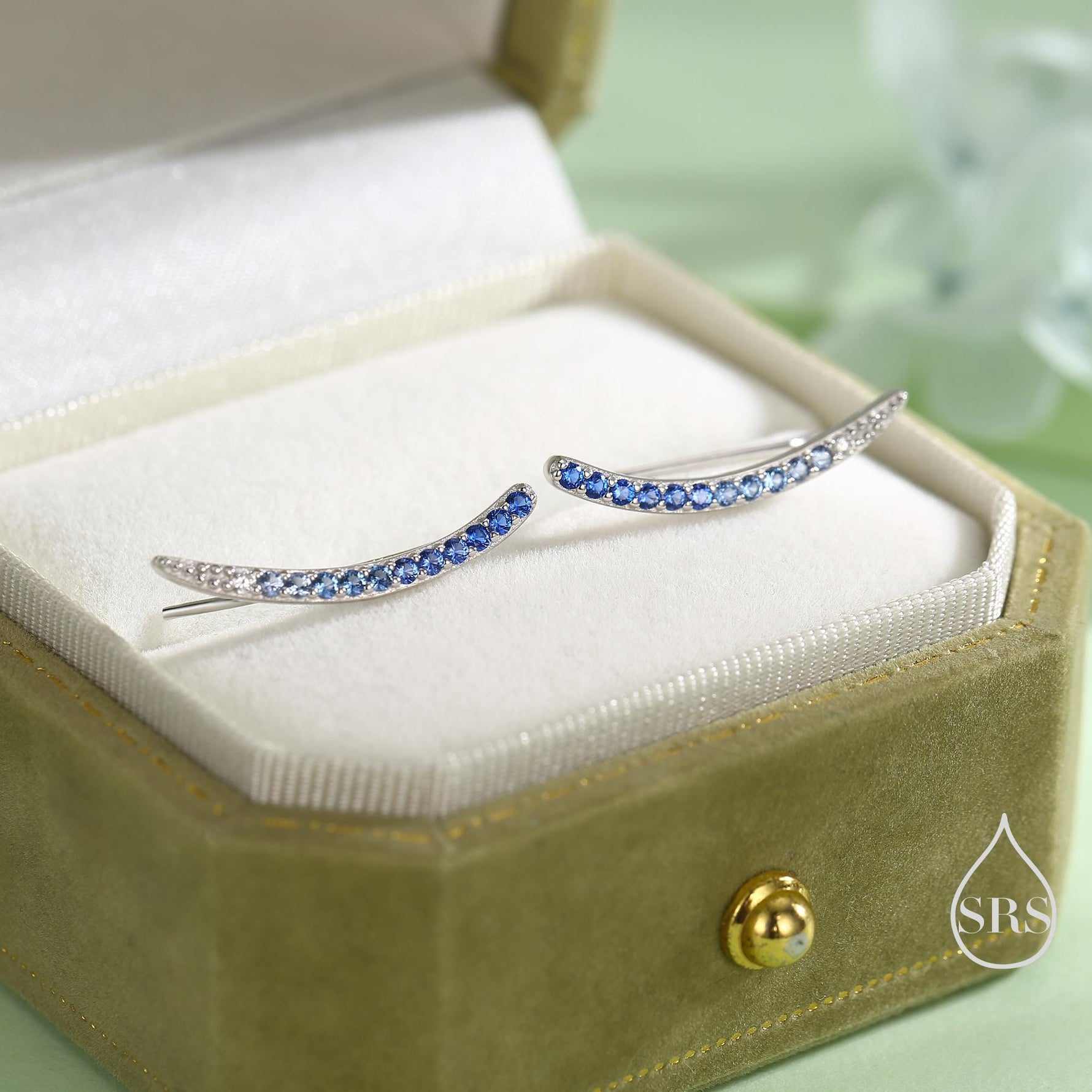 Ombre Sapphire Blue CZ Crawler Earrings in Sterling Silver, Silver or Gold, Gradient Colour Ear Crawlers, September Birthstone Ear Climbers