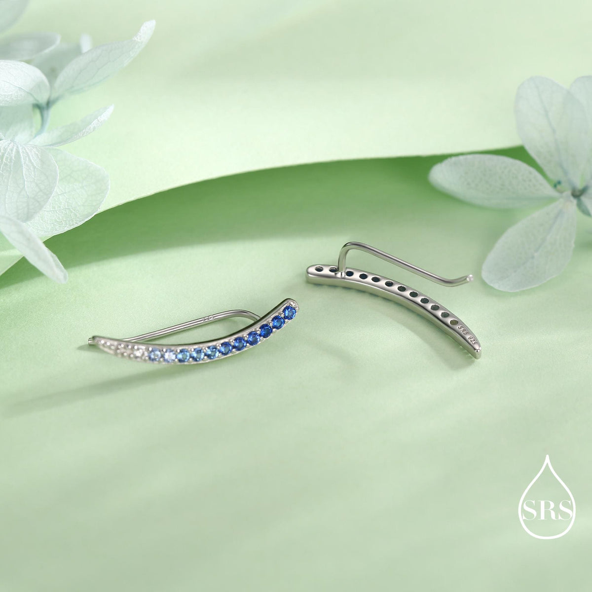 Ombre Sapphire Blue CZ Crawler Earrings in Sterling Silver, Silver or Gold, Gradient Colour Ear Crawlers, September Birthstone Ear Climbers