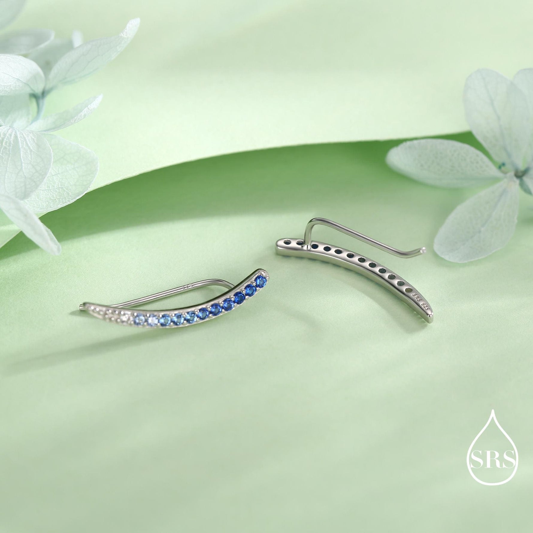 Ombre Sapphire Blue CZ Crawler Earrings in Sterling Silver, Silver or Gold, Gradient Colour Ear Crawlers, September Birthstone Ear Climbers