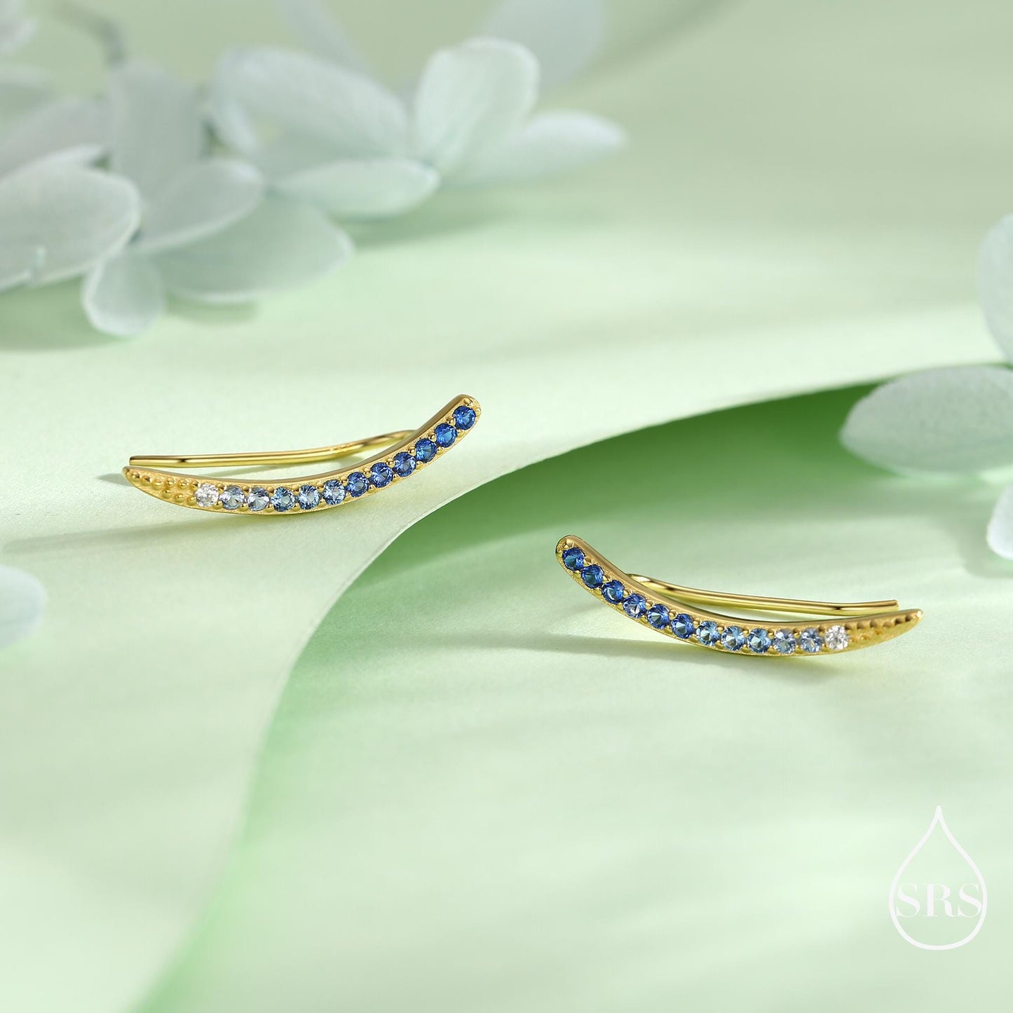 Ombre Sapphire Blue CZ Crawler Earrings in Sterling Silver, Silver or Gold, Gradient Colour Ear Crawlers, September Birthstone Ear Climbers
