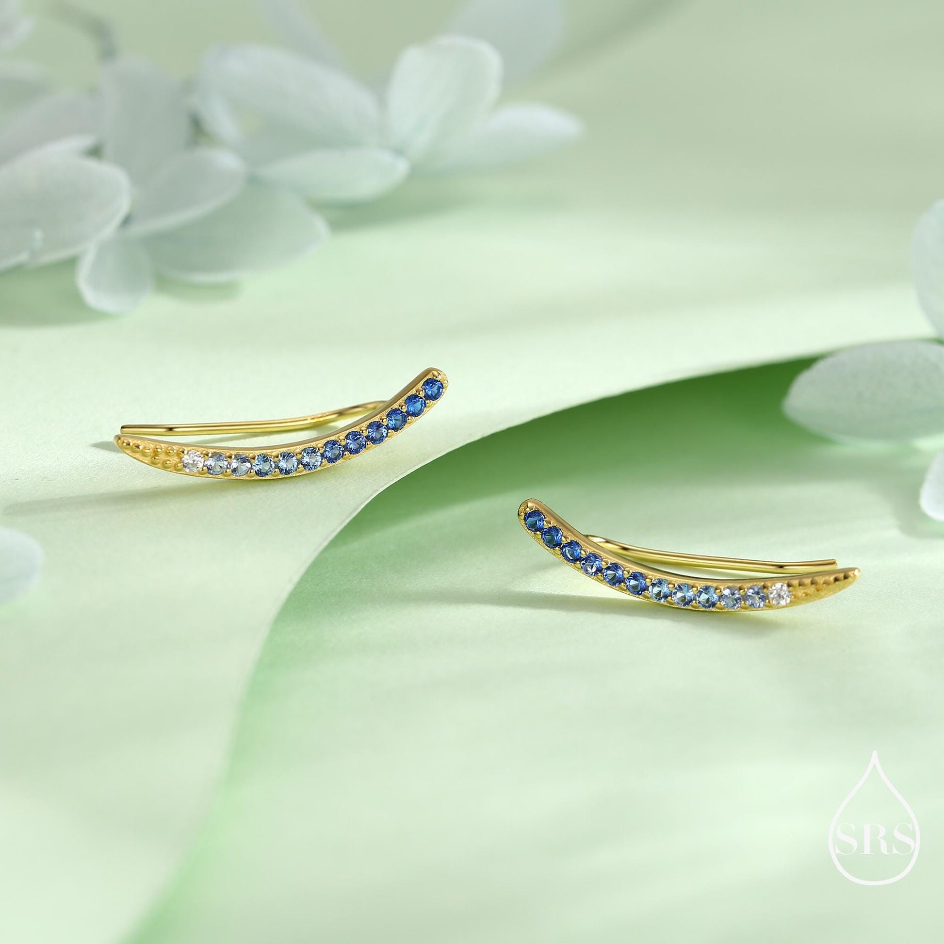 Ombre Sapphire Blue CZ Crawler Earrings in Sterling Silver, Silver or Gold, Gradient Colour Ear Crawlers, September Birthstone Ear Climbers