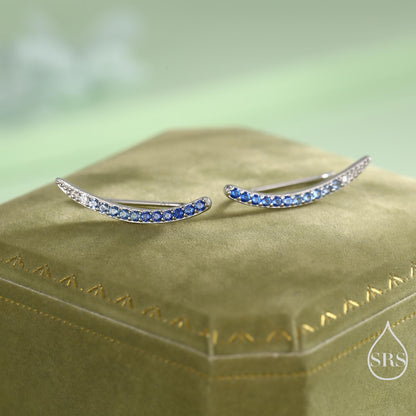 Ombre Sapphire Blue CZ Crawler Earrings in Sterling Silver, Silver or Gold, Gradient Colour Ear Crawlers, September Birthstone Ear Climbers