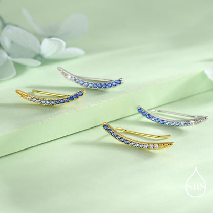 Ombre Sapphire Blue CZ Crawler Earrings in Sterling Silver, Silver or Gold, Gradient Colour Ear Crawlers, September Birthstone Ear Climbers