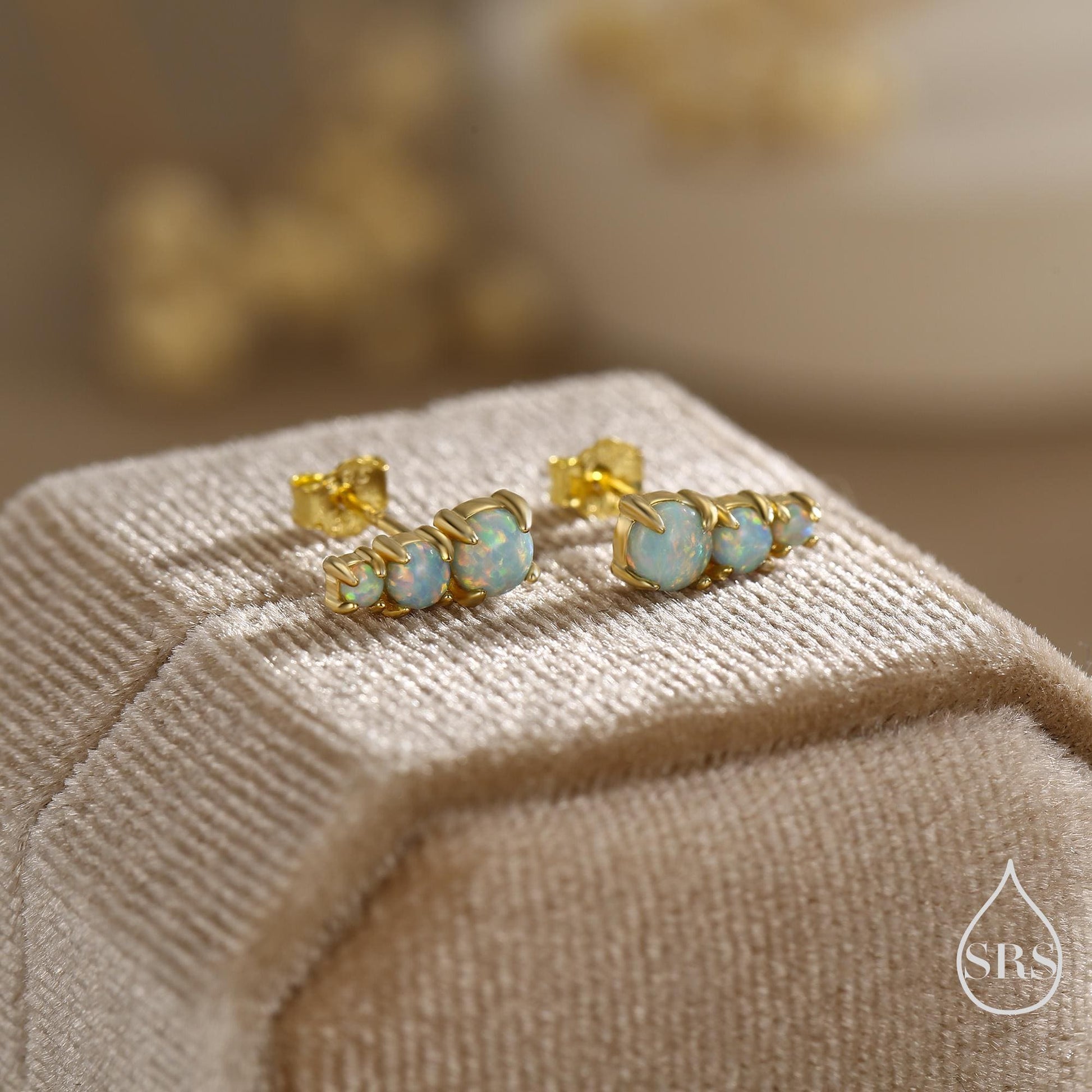 Tiny Aqua Green Opal Trio Stud Earrings in Sterling Silver, Silver or Gold, Three Opal Earrings, Opal Stud, Small Opal Earrings