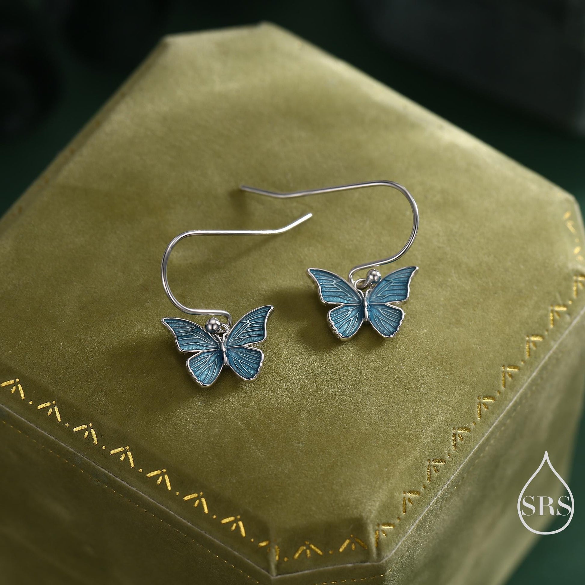Blue Butterfly Enamel Drop Hook Earrings in Sterling Silver, Aqua Blue Enamel Butterfly Earrings, Insect Animal Earrings, Nature-Inspired